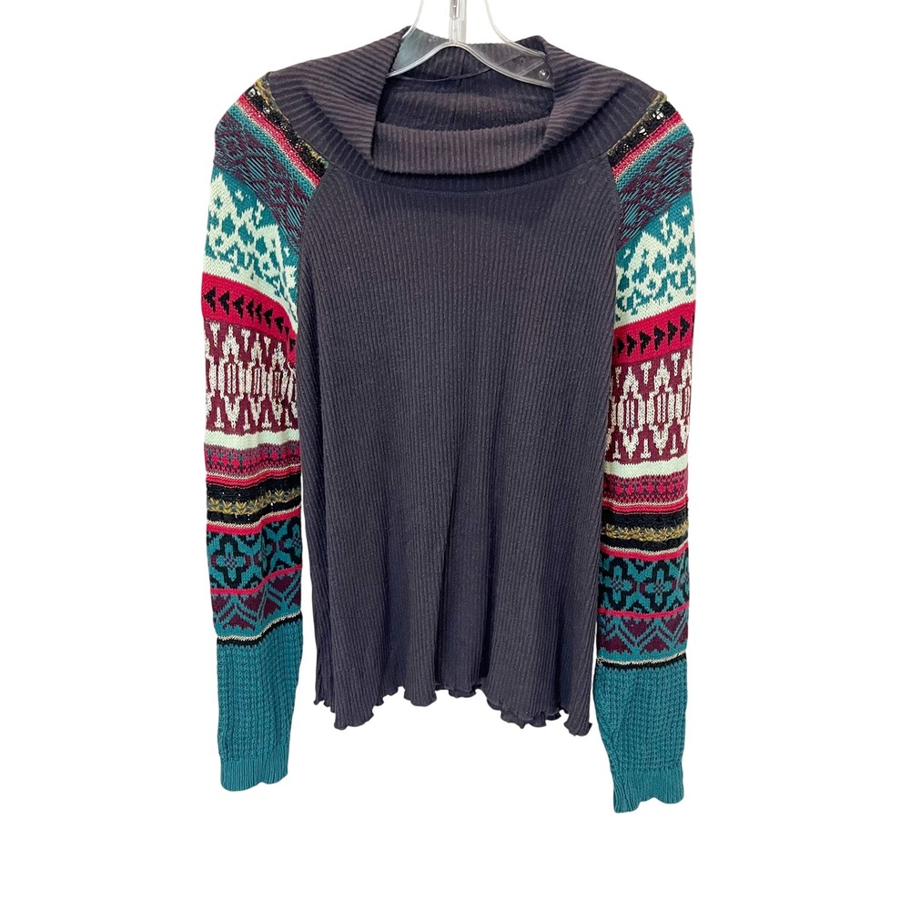 Free People Prism Switch Cowl Neck Thermal Top Gray Fair Isle Sleeve Size Large